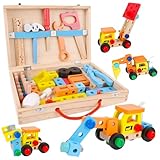 Gerbala Werkzeugkoffer Kinder Holz, Montessori Spielzeug, 52 StüCk Auto Holz Montessori Spielzeug, Tool Set, Montessori Toy, Learning Toy, Wooden Tool Box, Gifts for Children from 3-6 Years