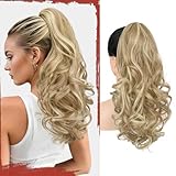 Sofeiyan Pferdeschwanz Haarteil mit Klammer, Lange Wellig Lockig Zopf Extension Claw Clip in Ponytail Extension Synthetik Haarverlängerung für Damen, 43 cm Dunkles Aschblond Gemischtes Bleichblond