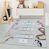 Carpetsale24 Kinderteppich Indianer Tiere mit Hüpfkästchen Design Grau 120 x 170 cm - Kurzflor Teppich Kinderzimmer für Jungen & Mädchen Pflegeleicht - Waschbar Spielteppich Babyzimmer Babyteppich