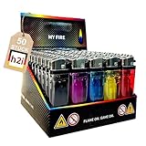 h2i Feuerzeug mit Reibrad | 50 Stück |transparentes Einwegfeuerzeug in 5 Farben | Ergonomisches Design & stufenlose regulierbare Flamme | Zuverlässige Zündung im Alltag