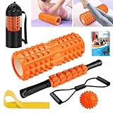 Faszienrolle, Qveetry Foam Roller Faszienrolle Sets mit Massageroller Stab, Widerstandsbänder Krafttraining, Massageball, Fitnessbänder, 33cm Schaumstoffrolle für Yoga Pilates, mit Poster (Orange)