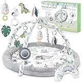 Nukido Interaktives Spielbogen Baby 5in1 Krabbeldecke für Baby Spielmatte Laufstall Baby mit Matratze Babynestchen mit Bauchzeit Kissen 2 Bogen mit 7 Sensorik Spielzeug 56 cm Grau