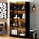 Merax Glasvitrine 70x40x160 cm, LED-Beleuchtung, gehärtete Glastür, Aluminiumrahmen, Bücherregal, Weinschrank, für Wohnzimmer, Büro, Badezimmer, Schwarz