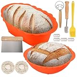 TOWEBOORY Gärkorb zum Brotbacken, Brotgärkörbchen-Set mit zwei Gärkörbchen aus Silikon 25,5cm Rund+27,3cm Oval Brot mit Bäckermesser Faltbarer für Profibäcker und den Hausgebrauch (Orange)