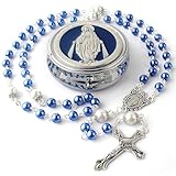 Calkkrer 6mm Glasperlen Rosenkranz mit 8mm Vaterunser-Perlen, Katholische Kette im Wunder-Metall-Geschenkbox, Erstkommunion und Personalisiertes Blau Rosenkranz
