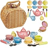 alles-meine.de GmbH 18 TLG. Set Picknick Korb - Puppengeschirr/Teeservice & Kaffeeservice - Bunte Punkte - Geschirr Porzellan/Keramik - Porzellangeschirr & Besteck - Kinder..