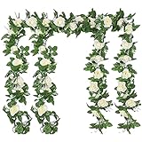YMIFEEY 4 x 2,2m Künstliche Rosen Girlande Blumengirlande Rosen Rebe Seidenblumen Hängend Kunstblumen Deko Gefälschte Blumen mit grünen Blättern für Hochzeit, Party, Haus, Garten Dekoration (Weiß)