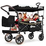 Sekey Bollerwagen Faltbar mit Dach, Kinder Bollerwagen mit XXL PU-Rädern (Ø 24/20 cm) für 1–2 Kinder, Federung & Kugellager, gepolstert & komfortabel, Schiebe- und Ziehgriff, SS8080, Schwarz