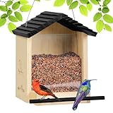 MIXXIDEA Vogelhaus aus Holz zum Aufhängen für Draußen wetterfest, Vogelfutterhaus mit schwarzem Dach, Vogelfutterspender mit großem Kapazität für Garten, 23 x 22 x 27 cm