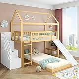 FEZTOY Baumhaus Kinderbett 90 x 200 mit 3 Treppe & Schubladen, Hochbett für 2 Kinder mit Rutsche und Lattenrost, Funktionsbett Hochbett Stockbett Jugendhochbett, Keine Matratze