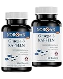 NORSAN Premium Total Omega 3 Kapseln hochdosiert 2er Pack (2x 120 Stück) / 1.500mg Omega 3 pro Portion/Omega 3 Kapseln mit 707mg EPA & 368mg DHA/Fischöl Kapseln aus nachhaltigem Anbau