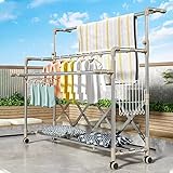 Robuster Wäscheständer aus Edelstahl für den Innenbereich, zusammenklappbar, einziehbar, mit 4 Rollen und 5 Stangen für große Kapazität