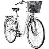 ZÜNDAPP Z517 Damen Elektrofahrrad mit Rücktrittbremse 155-185 cm E Bike mit 7 Gang Nabenschaltung, 28 Zoll, mit Fahrrad Korb und Licht, Pedelec Citybike (weiß/hellgrün, 48 cm)