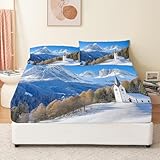 Spannbettlaken 90 x 190 cm Kinder Erwachsener Matratzenschoner Landschaft Berge Kirche Gedruckt Bettlaken für Boxspringbett Weich Mikrofaser Spannbetttuch bis 25-30 cm Hohe Weiß Blau