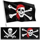 2 Stück Piraten Flagge Set 2 Stück Piratenfahne 90 x 150 cm Schädel Flagge und 1 Stück Teleskop Fahnenmast mit 2 Karabinerhaken Jolly Roger Flagge für Piratenparty, Halloween-Dekoration