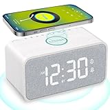 ANJANK Hölzerner Radiowecker mit Induktiver Ladestation, 10W Bluetooth-Lautsprecher, Kabellose Ladestation für iPhone/Samsung, Doppelalarm, 0-100% Dimmbares Display, Automatische Zeitsynchronisation