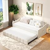 Dormely Jugendbett 90x200 mit Ausziehbett, Bett ausziehbar mit Rückenlehne, Armlehnen und Seitentasche,als Tagesbett, Einzelbett or Gästebett, Creme Samt schlafcouch, ohne Matratze