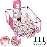 Annhua Baby-Laufstall mit Reißverschluss-Tür, Baby-Spielhof mit atmungsaktivem Netz, Babyplan-Stift mit Ringen, Basketballkorb und Fußballnetz, 180 x 65 x 121 cm, Rosa