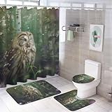 peiyeety Eulen-Duschvorhang-Set mit lila Blumenmuster, 4-teilig, Badezimmer-Sets mit Teppichen (Badematte, U-förmige Matte und WC-Deckelauflage)
