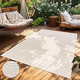 Paco Home Outdoor Teppich Wetterfest Balkon Wohnzimmer Skandinavisches Boho Muster Einfarbig Geometrisch 3D Effekt Moderne Deko, Grösse:160x230 cm, Farbe:Creme 2