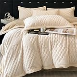 Cutfouwe Leichte Flauschige Flanell Tröster Set 3 Stück Checkboard Texturierte Design Tröster Mit 2 Kissen Shams Alle Saison Gemütliche Warme Bettwäsche,Weiß,Twin