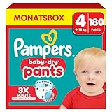 Pampers Baby-Dry Pants Größe 4, 180 Windeln, 9kg-15kg, 360 Grad Celsius Passform hilft, Auslaufen zu verhindern