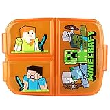 Minecraft Brotdose für Kinder mit 3 Fächern, Lunchbox aus Kunststoff mit Clip-Verschlüssen, Vesperdose für Kindergarten, Schule und Freizeit