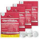 Denttabs Zahnputztabletten Erdbeergeschmack 4x125 Stk. die vollwertige Alternative zur Zahnpasta, fluoridfrei für Kinder und Erwachsene VEGAN Plastikfrei ohne Konservierungsstoffe. kompostable Bag