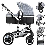 Daliya® Bambimo 3in1 Kinderwagen Kombikinderwagen Riesenset 15-Teilig incl. Babywanne, Buggy, Babyschale mit Fußsack, Alu-Rahmen, Voll-Gummireifen, Wickeltasche, Kindertisch - (Grau-Raster)