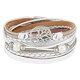 StarAppeal Armband Wickelarmband mit Perlen, Ketten, Flechtelement und Lebensbaum Anhänger, Magnetverschluss Silber, Damen Armband (Weiß)