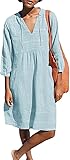 Damen-Sommerkleid, V-Ausschnitt, lässig, 3/4-Ärmel, lockere Etuikleid, Tunika, Kittel mit Tasche für den Urlaub, blau, XL