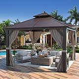 EROMMY 3.65 X 3.65 m Pavillon,Gartenpavillon Pavillon Hardtop Doppelschicht Stahldach Wetterfest Winerfest mit Vorhang-Seitenteile und Netz, Stabil Metalpavillon Aluminiumrahmen für Garten, Terrasse