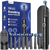 Rotierend Elektrische Zahnbürsten für Erwachsene und Kinder mit 8 Aufsteckbürste, Electric Toothbrush mit Wandhalterung Ladestation, 5 Putzmodi und Reiseetui, 60 Tage Akkulaufzeit (Schwarz)