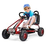 DREAMADE Gokart mit Handbremse & verstellbarem Sitz, Tretauto Tretfahrzeug mit geschlossenem Kettenkasten & Vor- und Rückwärtsgang, Pedal Go Cart für Kinder 3-6 Jahren, bis 30 kg belastbar (Rot)