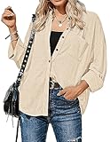 Zeagoo Bluse Damen Einfarbig Blusen Waffelhemd Elegant Shirts V-Ausschnitt Oberteile Tunika Bluse Langarmshirt Top mit Knöpfen Casual Festliche Hemdbluse Beige M