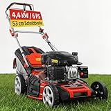HECHT 5-IN-1 Benzin Rasenmäher – leistungsstarker 4 Takt Eco Motor 4,4 kW (6,0 PS) – Seilzug Starter – mit 53 cm Schnittbreite – 75 l Fangkorb – Radantrieb – patentierte Räder – EasyClean – Mulchmäher