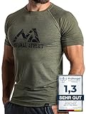 Herren Fitness T-Shirt meliert - Männer Kurzarm Shirt für Gym & Training - Passform Slim-Fit, lang mit Rundhals, Olive, L