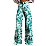 YCBMINGCAN Damenhose mit weitem Bein, Vintage-Blumendruck, hohe Taille, gerade Stretchhose mit Taschen Hose Lederoptik Damen Schwarz 48 (Green, L)