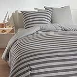 Traumschlaf Jersey Melange Wendebettwäsche Grau • Streifen & Uni • 100 % Baumwolle • Ganzjahresbettwäsche hautsympathisch & bügelleicht •