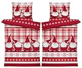 one-home Winter Biber Bettwäsche Baumwolle Kuschelig Flauschig Warme Weiche Flanell Bettbezüge Modern, Größe:4 teilig 135x200 cm, Farbe:Wichtel Weihnachten rot