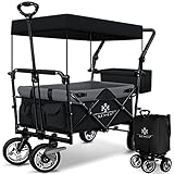 KESSER® Bollerwagen faltbar GT9000 mit Dach Handwagen Transportwagen | inkl. 2X 3-Punkt Gurtsystem| klappbar | Vollgummi-Reifen | bis 80 kg | Vorder- und Hinter-Bremse + Tragetasche, Schwarz/Grau