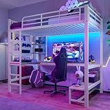 Kinderbett Etagenbett 90x200 cm mit LED Leiste&USB Steckdose, Hochbett Metallbett mit Schreibtisch&&mehrere Regalen&Lochbrett, Einzelbett Bettgestell mit Rausfallschutz&Leiter, Ohne Matratze, Weiß