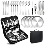 Camping Besteckset 4 Person, 20 PCS Picknick-Teller und Utensilien-Set, Tragbares Geschirr, Edelstahl-Besteck-Kombination mit Organizer-Tasche, Wiederverwendbar, Langlebig