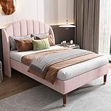HYUB Polsterbett Einzelbett 90x200cm mit Lattenrost und Bettgestell, Stauraumbett Jugendbett mit Kopfteil, Holzlattenunterstützung, Samt Continentalbett, Stauraum unter dem Bett, Ohne Matratze, Rosa