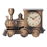WINOMO Lokomotive Zuguhr Steampunk Glocke Uhr Vintage Wecker Analoge Tisch Schreibtischuhr Batterie Antike Statue für Wohnzimmer Dekor Regal mit Batterie Bronze