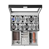KILHS Uhrenbox für 12 Uhren, Uhrenaufbewahrung mit Glasdeckel, 2-stöckige Watch Box mit 1 Schublade, mit Schlüsselschloss, für Ringe und Ohrringe, als Geschenk geeignet,KS-012BG