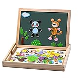 Uping Magnetisches Holzpuzzle Staffelei doppelseitige Tafel Holzbrett Doodle 100 Stücke Rahmenpuzzles für ab 3 Jahre Kinder Wald and Tier