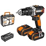 WORX WX373.3 Akku Schlagbohrschrauber Set - Bürstenloser Akkuschrauber 20V, 2 Li-Ion Akkus 4Ah, Koffer und Ladegerät - 60Nm, 2-Gang-Getriebe und LED-Licht - zum Schrauben, Bohren und Schlagbohren