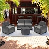 Gartenmöbel-Set aus Polypropylen, Rattanoptik, wasserdicht, UV-beständig, Anthrazit mit 2 Sesseln, 1 Sofa, 1 Tisch und Kissen für den Außenbereich Terrasse Balkon