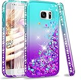 LeYi Hülle Galaxy S7 Glitzer Handyhülle mit Panzerfolie Schutzfolie(2 Stück),Cover Diamond Rhinestone Bumper Schutzhülle für Case Samsung Galaxy S7 Handy Hüllen Gradient Turquoise Purple